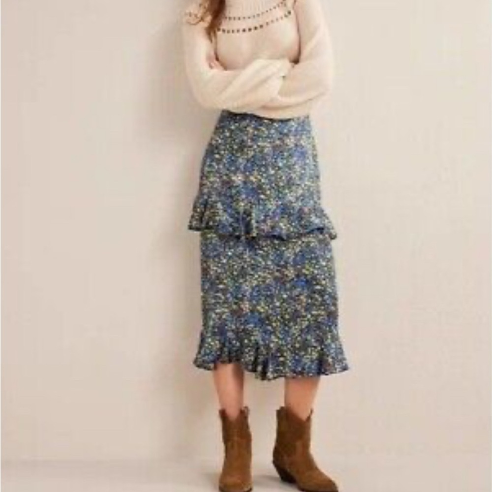 BODEN Satin Ruffle Midi Skirt - Nebulas Blue Floral Print US 10 NEW